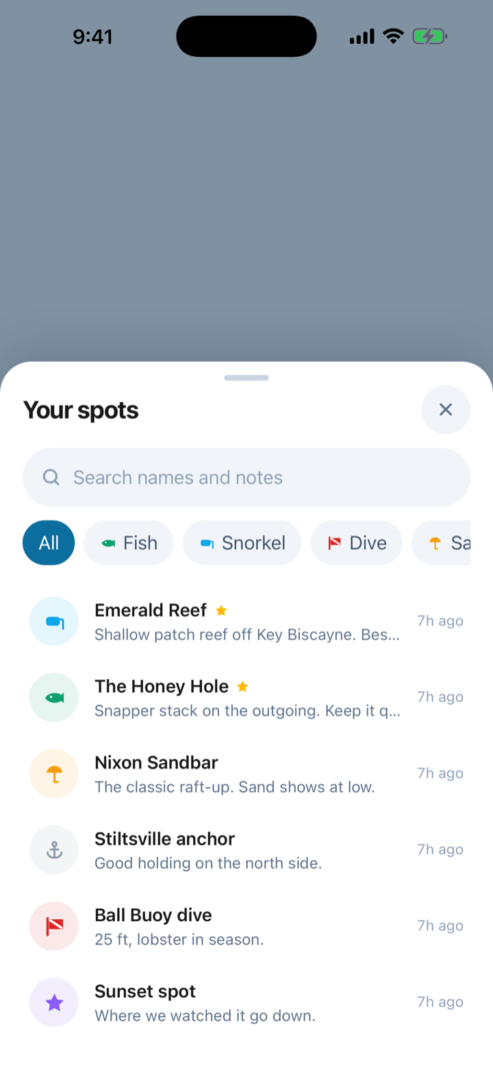 Your spots list in Wakelog, searchable by name, note, or activity